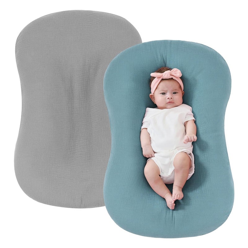 FUNUPUP Muslin Baby Lounger Cover Compatible with Snuggle Me Lounger, Infant Lounger Pillow Cover for Newborn, Removable Newborn Lounger Cover for Boys and Girls, Only Cover, Grey & Blue - Image 1